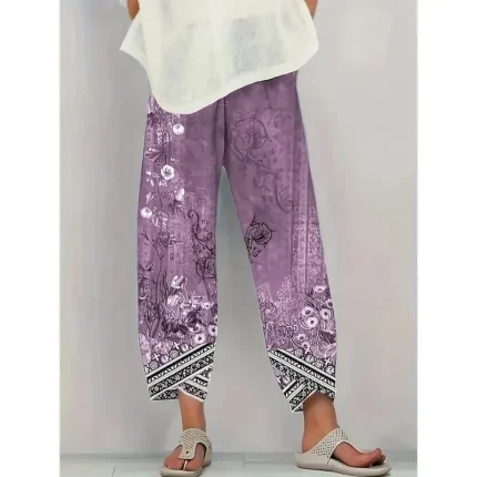Women's Wide Leg Chinos Baggy Pants Vacation Vintage Ethnic Style Ankle-Length High Waist Floral Graphic Printing Thermal Warm Soft Breathable Micro-elastic Vacation Street Causal Ash Violet Robin's - Image 5