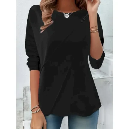 Women's T shirt Long Sleeve Solid Color Stylish Casual Long Sleeve Crew Neck Regular Tops Daily Buttons Black Yellow Red Blue  Spring Prefall - Image 4