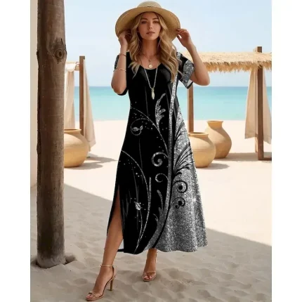 Women's Maxi Dress Casual Dress Casual Daily Loose Fit Geometric Short Sleeve Crew Neck Teal Black White Red Summer - Image 4