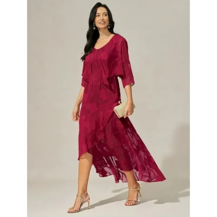 Women's Skirt Elegant Midi Mid Waist Skirts Floral Layered Inelastic Party Causal Wine Summer Chiffon - Image 5