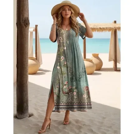 Women's Maxi Dress Casual Dress Casual Daily Loose Fit Geometric Short Sleeve Crew Neck Teal Black White Red Summer - Image 6