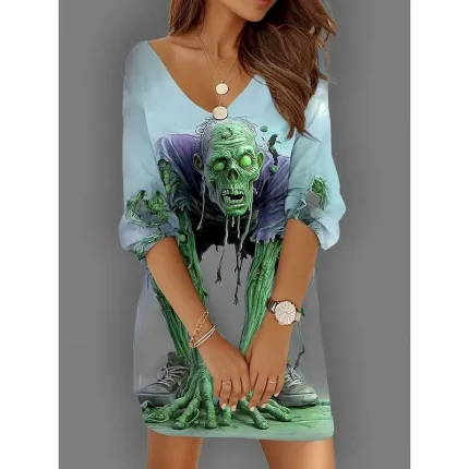 Halloween Women's Skulls Print Mini Dress Shift Dress Vacation Casual Daily Holiday Cocktail Party Loose Fit Graphic Skull Long Sleeve V Neck Yellow Blue Purple Green Summer Spring Fall Autumn - Image 3
