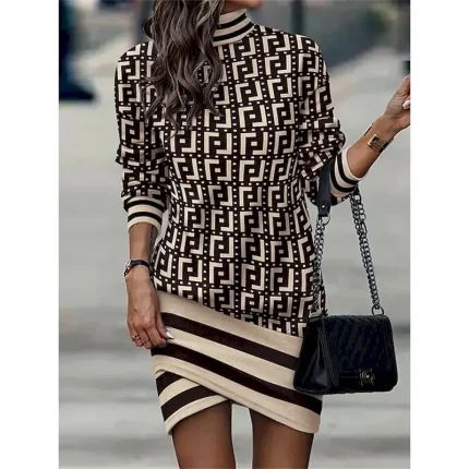 Women's Black Dress Work Dress Casual Dress Sheath Dress Fashion Winter Dress Daily Mini Dress Print Stand Collar Long Sleeve Leopard Floral Loose Fit Black White Yellow Fall Winter - Image 3