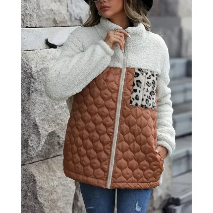 Women's Fleece Jacket Coat Warm Comfortable Patchwork Zipper Pocket Fashion Modern Casual Leopard Going out Weekend Zipper Regular Turndown Regular Fit Long Sleeve Outerwear Black Wine Army Green