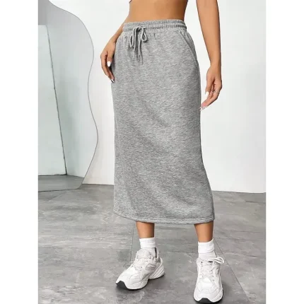 Women's Skirt Solid Color Fashion Casual Maxi High Waist Skirts Plain Pocket Stretchy Street Daily Black Gray Summer Polyester - Image 3