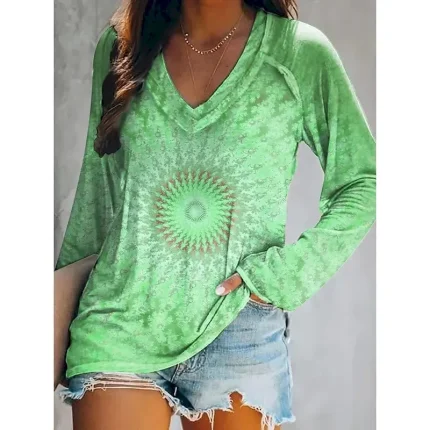 Women's T shirt Long Sleeve V Neck Long Sleeve Graphic Casual Geometry Vintage Stylish Classic Regular Tops Daily Weekend Print Light Green Pink Blue Orange Green Spring Fall Prefall - Image 3